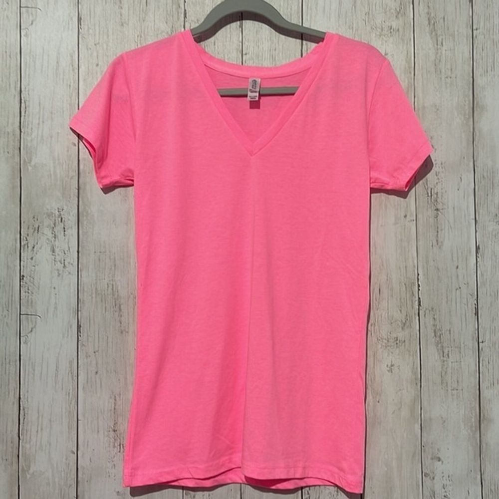 enza V Neck T Shirt Neon Pink Casual Basic Top‎ Women's Small